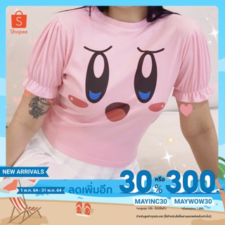 💥พร้อมส่ง💥เสื้อยืดทรงครอปสีชมพูแขนตุ๊กตาลายการ์ตูนkirby