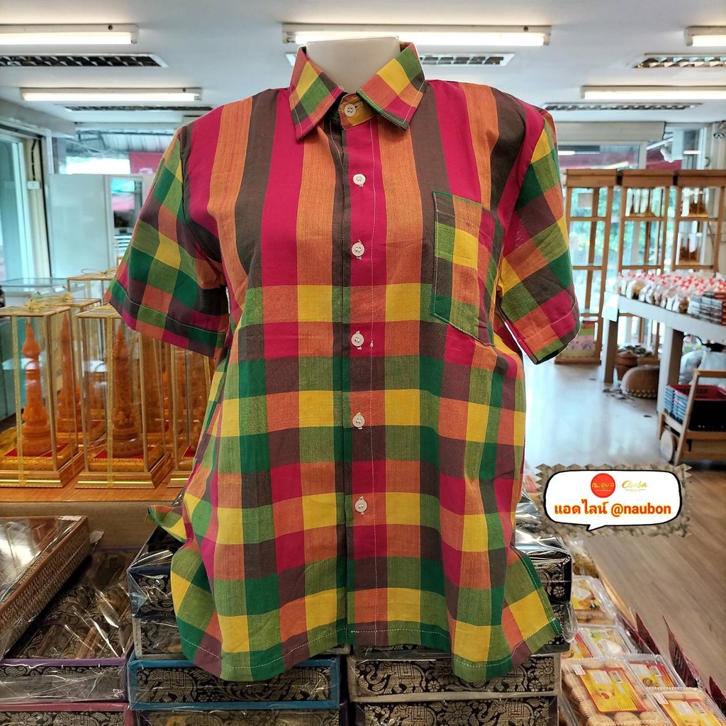 เสื้อเชิ้ตผู้ชาย ผ้าขาวม้าผ้าฝ้าย กระดุมผ่าหน้า งานกระเป๋าหน้า สำหรับหนุ่มๆ ปกM