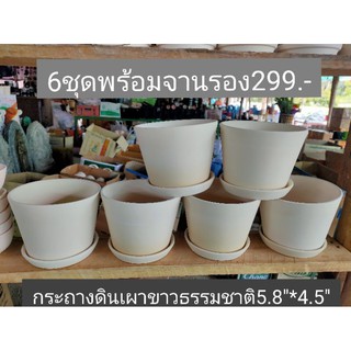 กระถางดินเผาขาวธรรมชาติ5.8"โมเดิร์นพร้อมจานรอง6ชุด