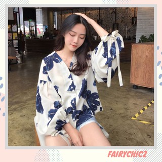 💗floral loose shirt เสื้อทรง oversize ผูกโบว์ปลายแขน  FA305