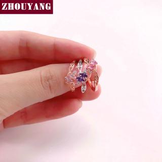 ZHOUYANG แหวนสำหรับผู้หญิงสไตล์หรูหรามี 3 สี CZ คริสตัลฮอลโลว์ออก Rose Gold Sliver สีหมั้นเครื่องประดับแฟชั่น R671 R777