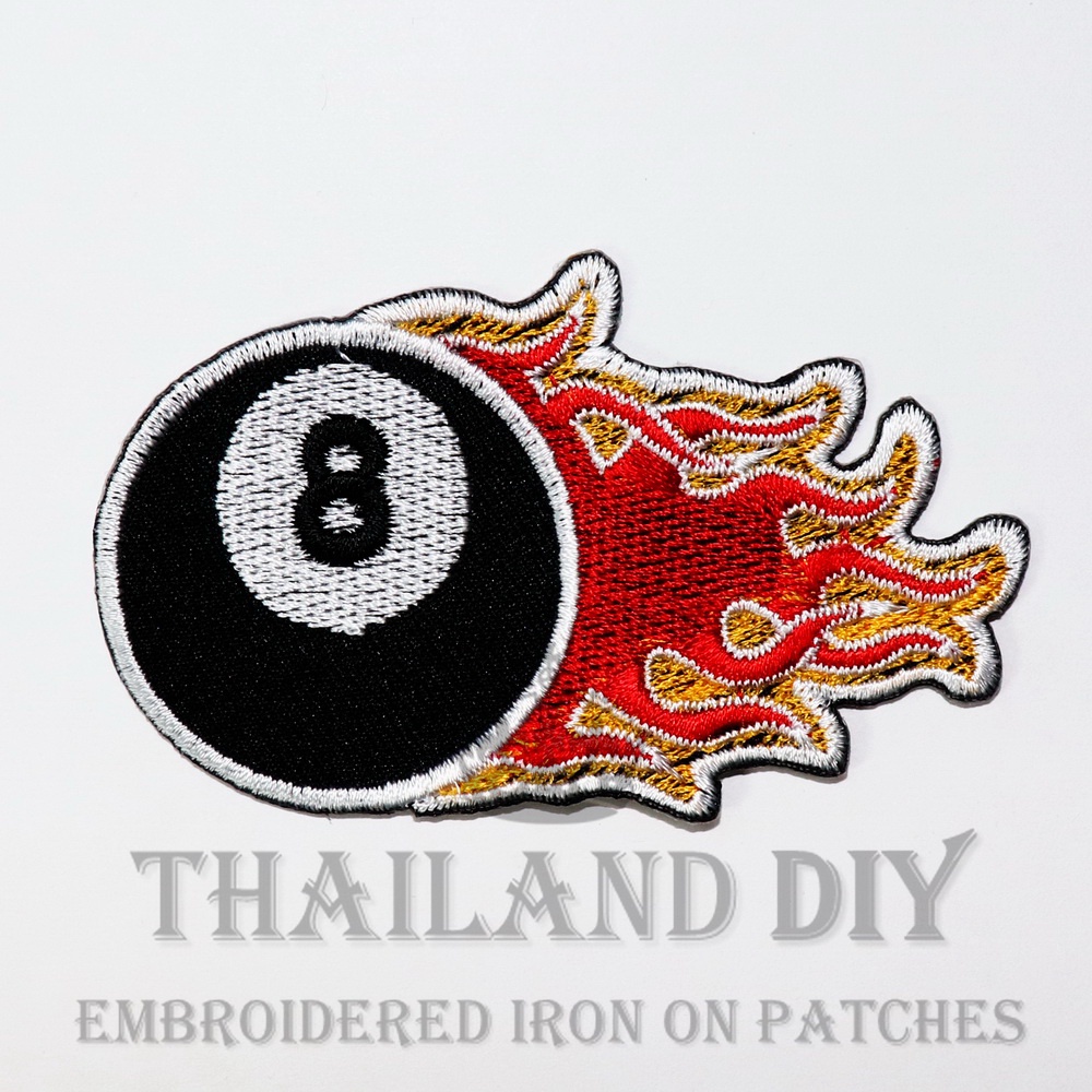 ตัวรีดติดเสื้อ งานปัก ลาย ลูกไฟ เปรวไฟ ลูกพูล เบอร์8 บอล Fire Number 8 Pool Ball Patch ตัวรีด WOP DI