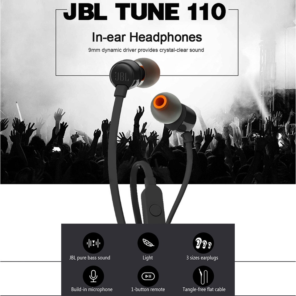 JBL T110 Wired Earphones JBL-T110 Music Deep Bass Earphone with Mic ชุดหูฟัง