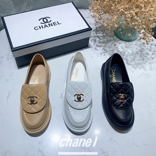 Chaneใหม่รองเท้าหนังวัวแท้หัวกลมส้นเตี้ยแฟชั่นสําหรับผู้หญิงไซซ์35-40