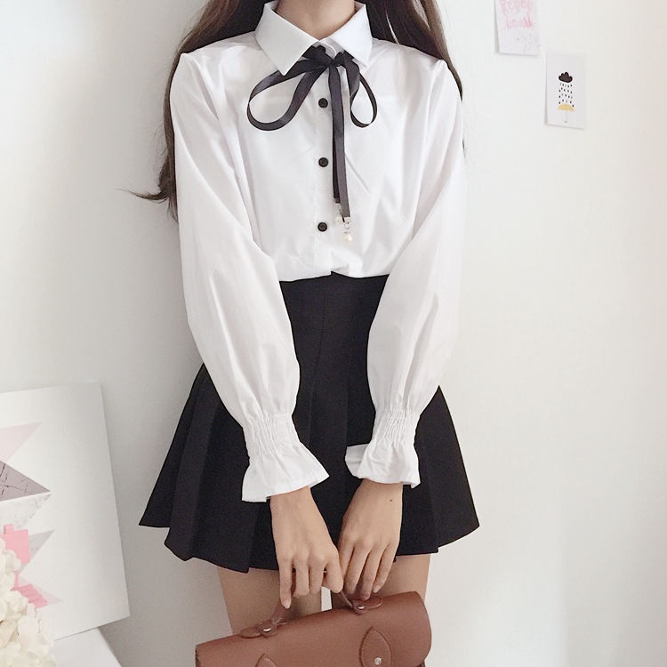 ใหม่ผู้หญิง เสื้อเชิ้ต แขนยาว ประดับโบว์ สีขาว ทรงหลวม สไตล์เกาหลี NZ-CS-03