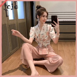 🔥JOJO🔥เซ็ตเสื้อเชิ้ตพิมพ์ลายหญิงพลีทชีฟองขากว้างสองชิ้นสูท