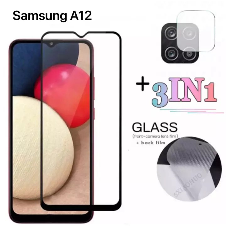 3in1 ฟิล์มเลนส์กล้อง + ฟิล์มกระจกเต็มจอ+ ฟิล์มหลัง For Samsung galaxy M12 ฟิล์มกันกระแทกขอบดำ