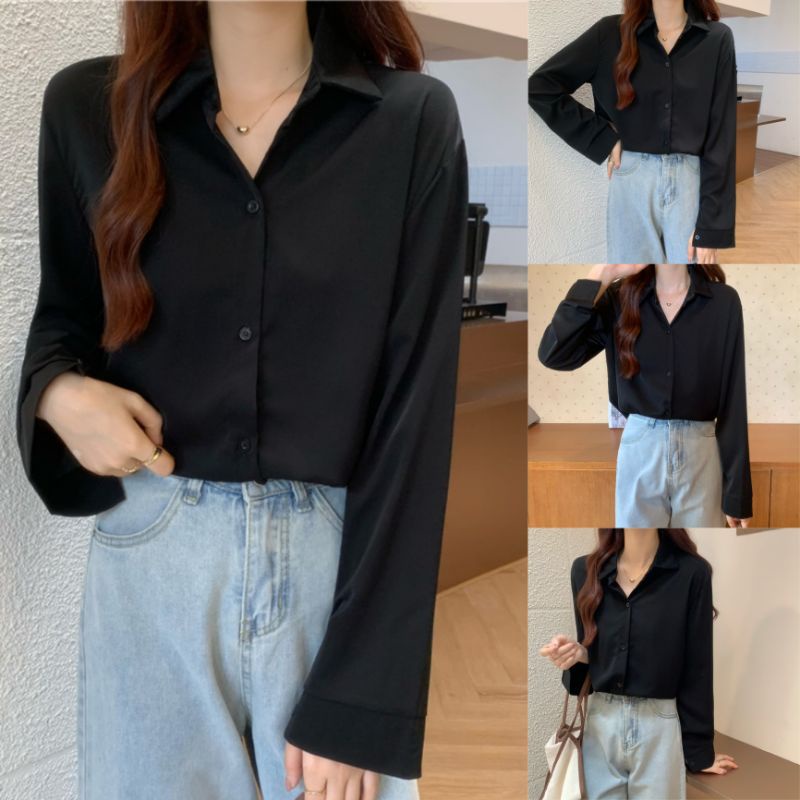 KT01 เสื้อเชิ้ตผู้หญิง เสื้อเชิ้ตสีดำ เสื้อเชิ้ตใส่ทำงาน ใส่เที่ยว งานคอปกเขนยาว เนื้อผ้าไหมอิตาลี สวมใส่เย็นสบาย
