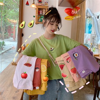 เสื้อยืดสีขาวMiss sumeywomen เสื้อยืดลายผลไม้สไตล์เกาหลี