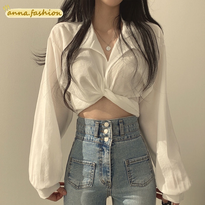 anna W201/99005 เสื้อเชิ้ตแขนยาว หลังผูกโบว์เซ็กซี่ เสื้อผ้าเอวลอยแฟชั่นฤดูร้อน เสื้อเชิ้ตสีขาวผู้หญิงสไตล์เกาหลี