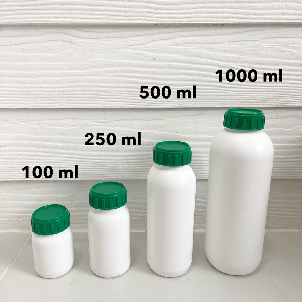 พร้อมส่ง ขวด HDPE ขนาด 100ml , 250 ml, 500 ml, 1000 ml พร้อมฝาสีเขียว และจุกใน