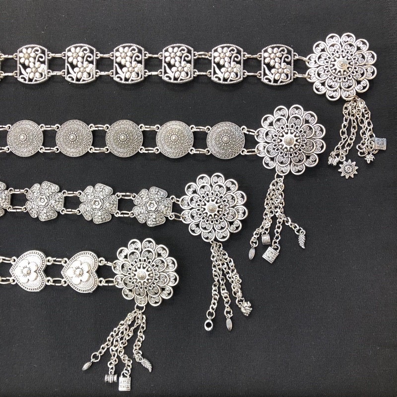 Fashion Jewele เครืองประดับโบราณสีรมดําโบราณเข็มขัดดอกไม้อีสานชุดล้านนาไทหัวเข็มขัดเงินเข็มขัดชุดไทย