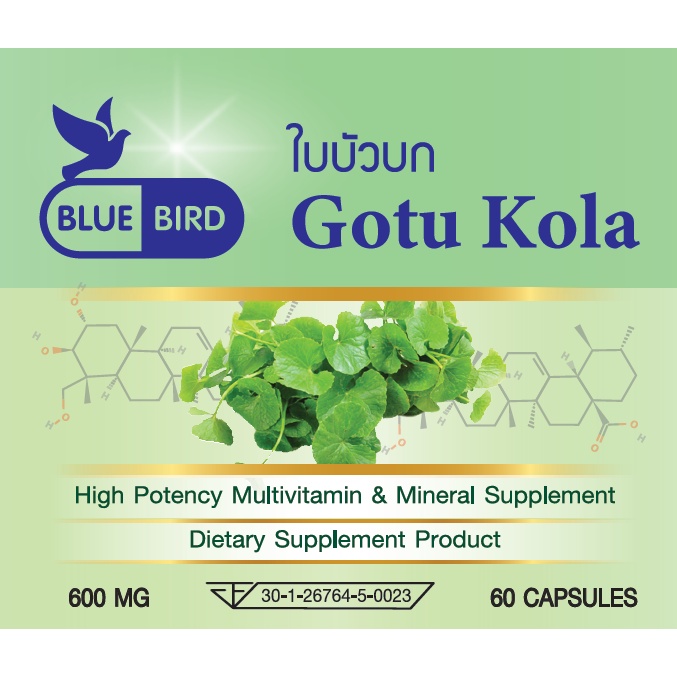 ใบบัวบก Gotu Kola ตรา บลูเบิร์ด ขนาด 600 มิลลิกรัม 60 แคปซูล - รูปที่ 6