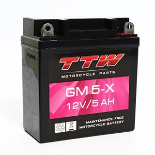 TTW แบตเตอรี่รถจักรยานยนต์แบบแห้ง TTW รุ่น GM5-X กำลังไฟ 12 โวลต์ 5 แอมป์ แบตเตอรี่แบบแห้งใส่รถรุ่นสตาร์ท( T421-GM5-X)