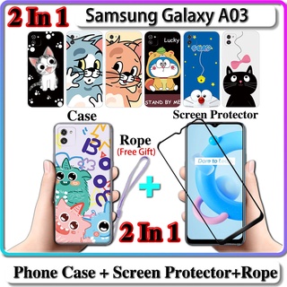 2 IN 1 เคส Samsung Galaxy A03 เคส พร้อมกระจกนิรภัยโค้ง ป้องกันหน้าจอ เซรามิค แมว และโดราเอมอน