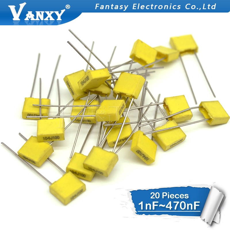 20pcs Polypropylene Safety Plastic Film  100V 1nF ~ 470nF 100nf 220nf 10nf 47nf 22nf 1nf 0.47uf 0.1u