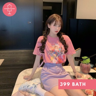 -Pink Dream set-  ชุดเซ็ท 2 ชิ้น เสื้อยืดทรง oversize สีชมพูลายสาวโรมัน  มาพร้อมกระโปรงผ้ายีนส์ฟอกสีม่วง ขอบเอวยางยืด