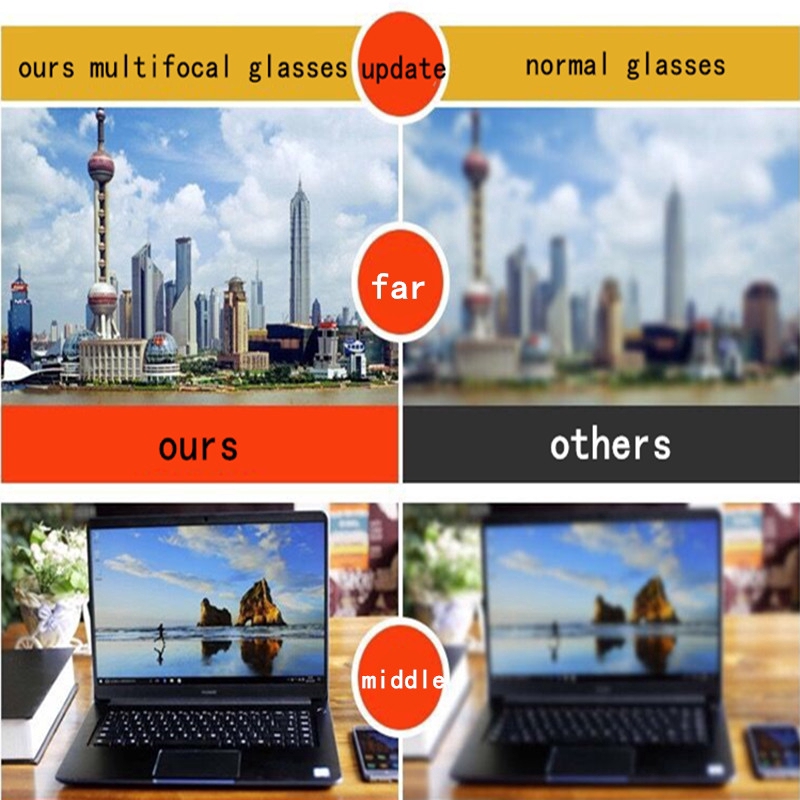 ไทเทเนียมโลหะโปรเกรสซีฟ Multifocal แว่นอ่านหนังสือผู้ชายผู้หญิงป้องกันแสงสีฟ้าที่มีคุณภาพสูงแว่นขยายเบาแว่นสายตายาว