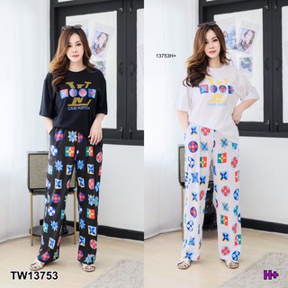 PP13753 Set 2 ชิ้น #สาวอวบ เสื้อยืดแขนสั้น+กางเกงขากระบอก ลายแบรนด์