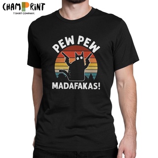 เสื้อยืดคอกลม แขนสั้น ผ้าฝ้าย พิมพ์ลายแมว Pew Madafakas สีดํา สําหรับผู้ชายS-5XL