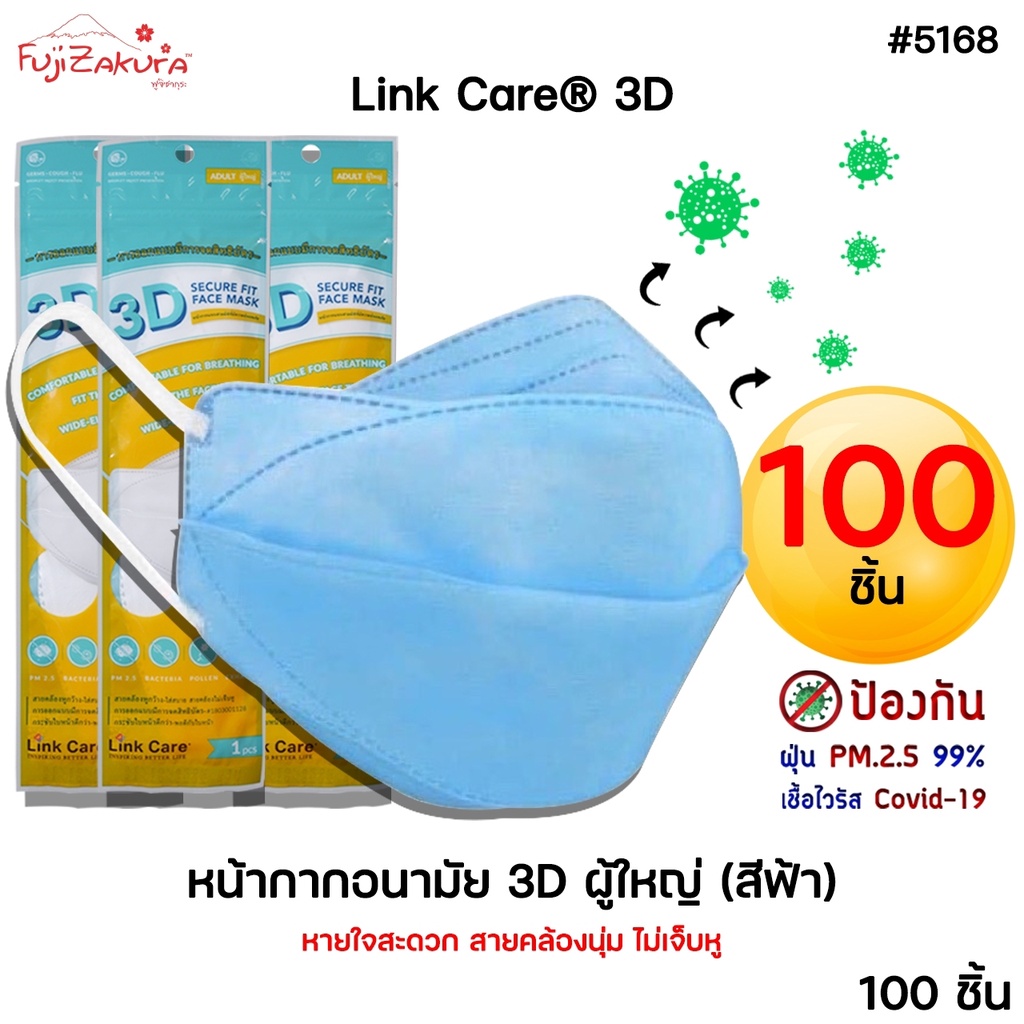 *100 ชิ้น* หน้ากากอนามัย 3 มิติ ผู้ใหญ่ สีฟ้า Link Care 3d Mask หน้ากากอนามัยป้องกันไวรัสและฝุ่นPM 2