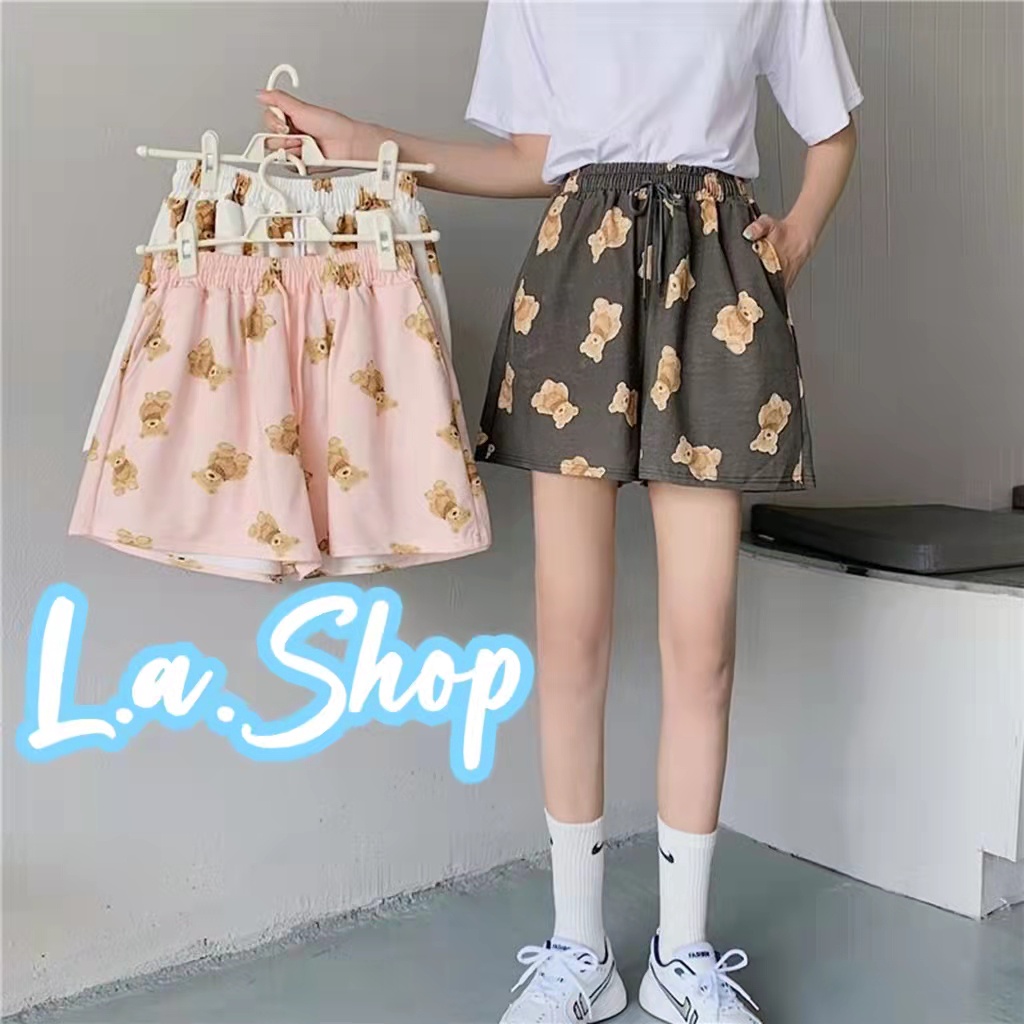 L.A Shop พร้อมส่ง กางเกงขาสั้น ลายน้องหมี เอวสม๊อค มีกระเป๋า "KU-Bear-9181"​ -​N 02