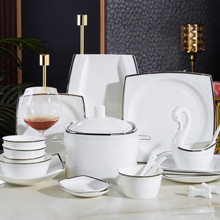 tableware ชุดจานชามเซรามิค เนื้อโบนไชน่า ชุดจานชาม จานชามเซรามิค สีขาว แต่งขอบเงิน ลายดอกไม้ สไตล์ยุโรป 70/ชุด