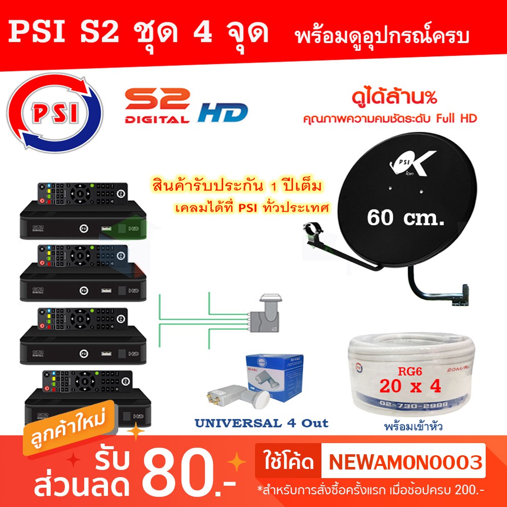 ชุดจานดาวเทียม KU-BAND PSI (60 cm.) พร้อมดู 4 จุด อุปกรณ์ครบ LNB 4 จุด + PSI S2 HD x 4