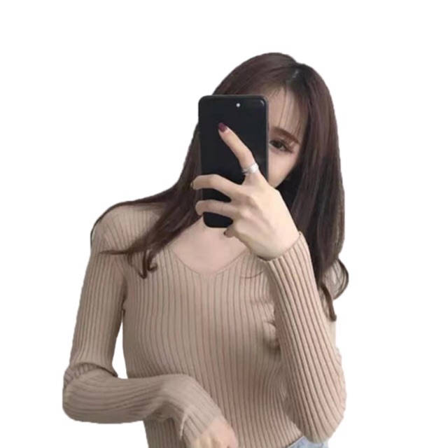 Bonnieเสื้อแขนยาวไหมพรมคอวีทรงรัดรูป เสื้อกันหนาวแฟชั่น รุ่น#004