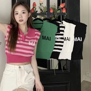 ttshop🌟พร้อมส่ง🌟เสื้อครอปไหมพรมแขนกุด ทรงโปโล ลายอังกฤษหน้าอกBALMAIสไตล์เกาหลี