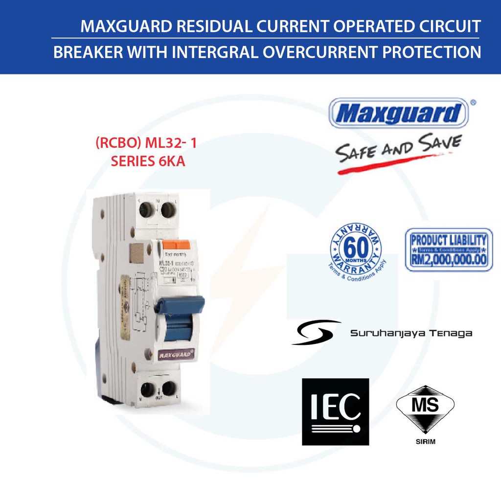 MAXGUARD RCBO 16A 20A 32A 2P 10mA 6KA RCBO Type AC [วงจรดําเนินการตกค้าง]