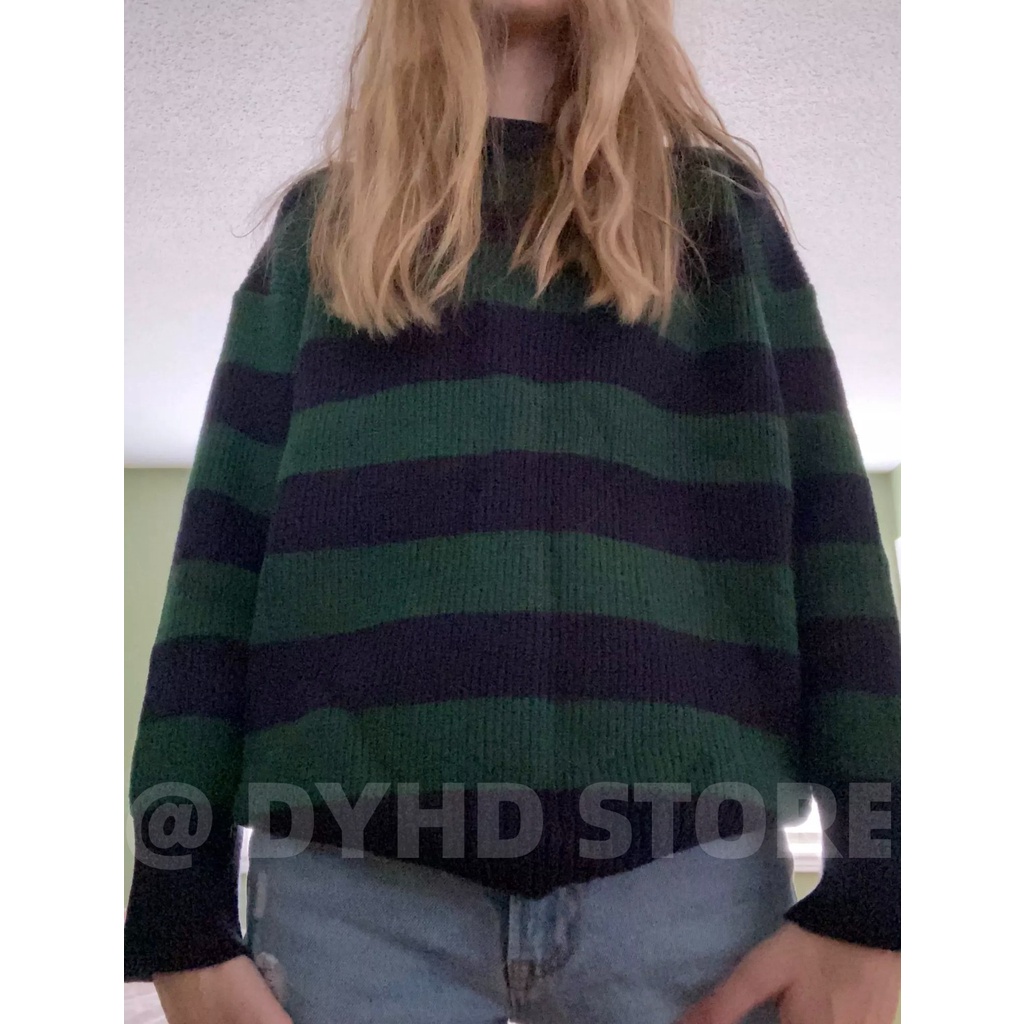 Vintage Knitted Sweater Men Women Harajuku Casual Cotton Pullover Tate Langdon Sweater Same Style Green Striped Tops 202 #4