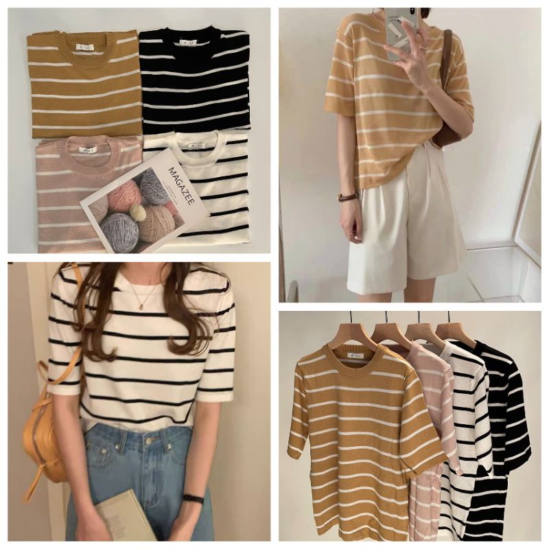 [A37] เสื้อคอกลมแขนศอกไหมพรมหน้าร้อน ลายริ้วแขนศอก ผ้านิ่ม