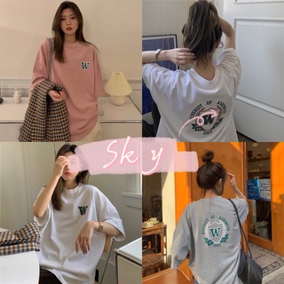 Sky  เสื้อยืดเกาหลี W ผ้าคอนตอน USKIE โอเวอร์ไซส์ งานสกีนหน้าหลังเนื้อนิ่ม ผ้าไม่ติดตัว ใส่สบาย W-6089