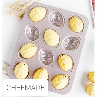 CHEFMADE ถาดอบ ถาดอบขนม พิมพ์อบเค้ก พิมพ์ขนมลายแมลงเต่าทอง 12 หลุม เคลือบสีทอง อย่างดี