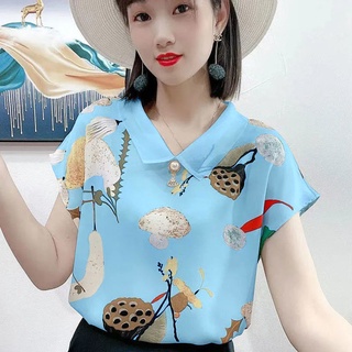 💓cici yoYo💓 เสื้อตาข่ายสีแดงใหม่ผ้าชีฟอง เสื้อเชิ้ตคอกลมแขนกลีบพิมพ์ลายลูกไม้เข้ารูปพอดีตัว เสื้อยืดสีทึบหมขนาดใหS-3XL