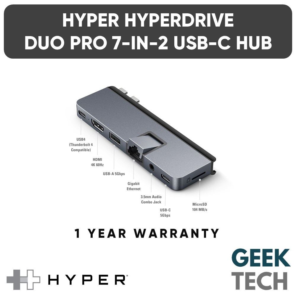 HYPER HyperDrive DUO PRO 7-in-2 USB-C Hub - HDMI 4K 60Hz พร้อม HDR/Gigabit Ethernet/Thunderbolt 4 US