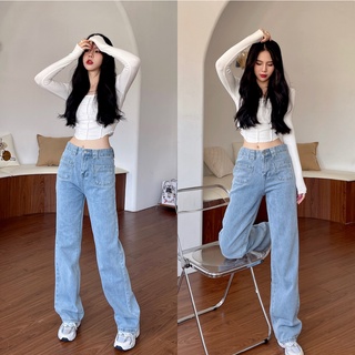 Cicishop(K1009)Jeans pants กางเกงยีนส์ขายาวทรงกระบอกเบสิค ดีเทลกระเป๋าจิ๋ว ทรงสวยแมตช์ง่าย