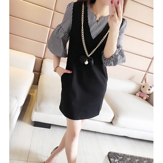 แฟชั่นผู้หญิง เดรสสั้น ชุดเดรสทำงาน M L XL XXL แถมฟรี!! สร้อยคอตามภาพ
