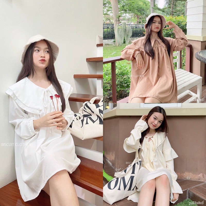 BFTS🧡 พร้อมส่ง NVB2508 NVB2102 มินิเดรสคอปกระบายแขนยาวทรงoversize เนื้อผ้าไหมอิตาลีใส่สบาย สาวอวบก็ใ