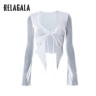 Relagala เสื้อคาร์ดิแกน แขนยาว คอสี่เหลี่ยม ผูกเชือก สีพื้น สําหรับผู้หญิง