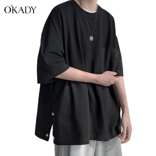 OKADY เสื้อยืดแขนสั้นผู้ชายผ่าร่องคอกลมสีทึบระบายอากาศได้สวมใส่สบาย
