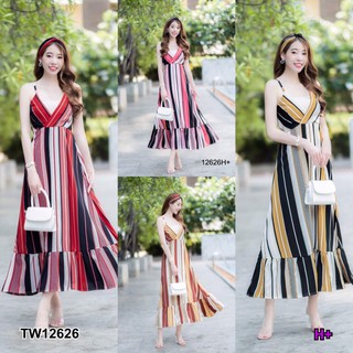 CS12626  เดรสสายเดี่ยวยาวลายริ้วสลับสี + ผ้าโพกผม