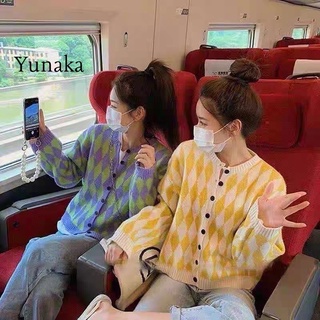 Yunaka เสื้อกันหนาวคาร์ดิแกนคอกลมแขนยาวสไตล์เรโทร