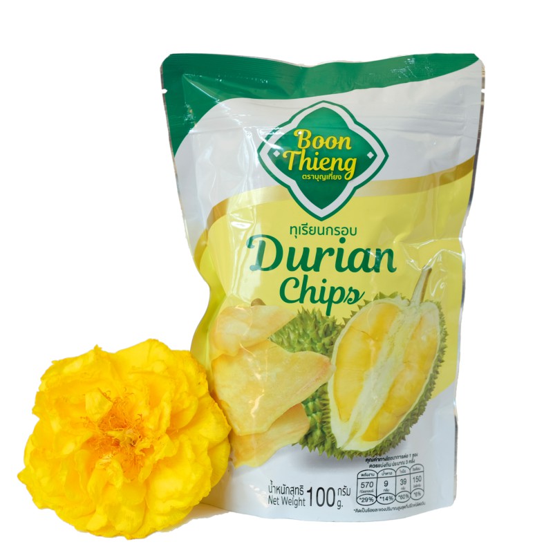 ทุเรียนกรอบ Durian Chip ขนาด 100 g. ตราบุญเที่ยง คัดสรรทุเรียนหมอนทองแก่จัด ทอดกรอบ อบให้แห้ง ไร้น้ำมัน อร่อย สะอาด