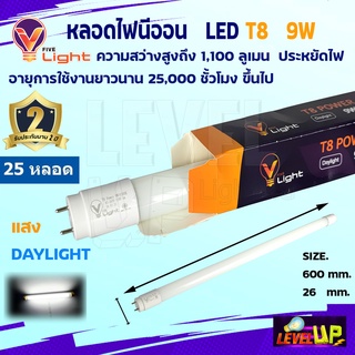 ⭐ชุด 25 หลอด ⭐ V-LIGHT หลอดไฟนีออน LED T8 9W แสงสีขาว (DayLight)