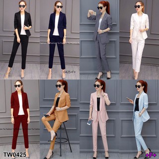 TW0425 Set 2 ชิ้น เสื้อแขนยาวปกสูท ปกกล้วย+กางเกงขายาว เอวสม้อค