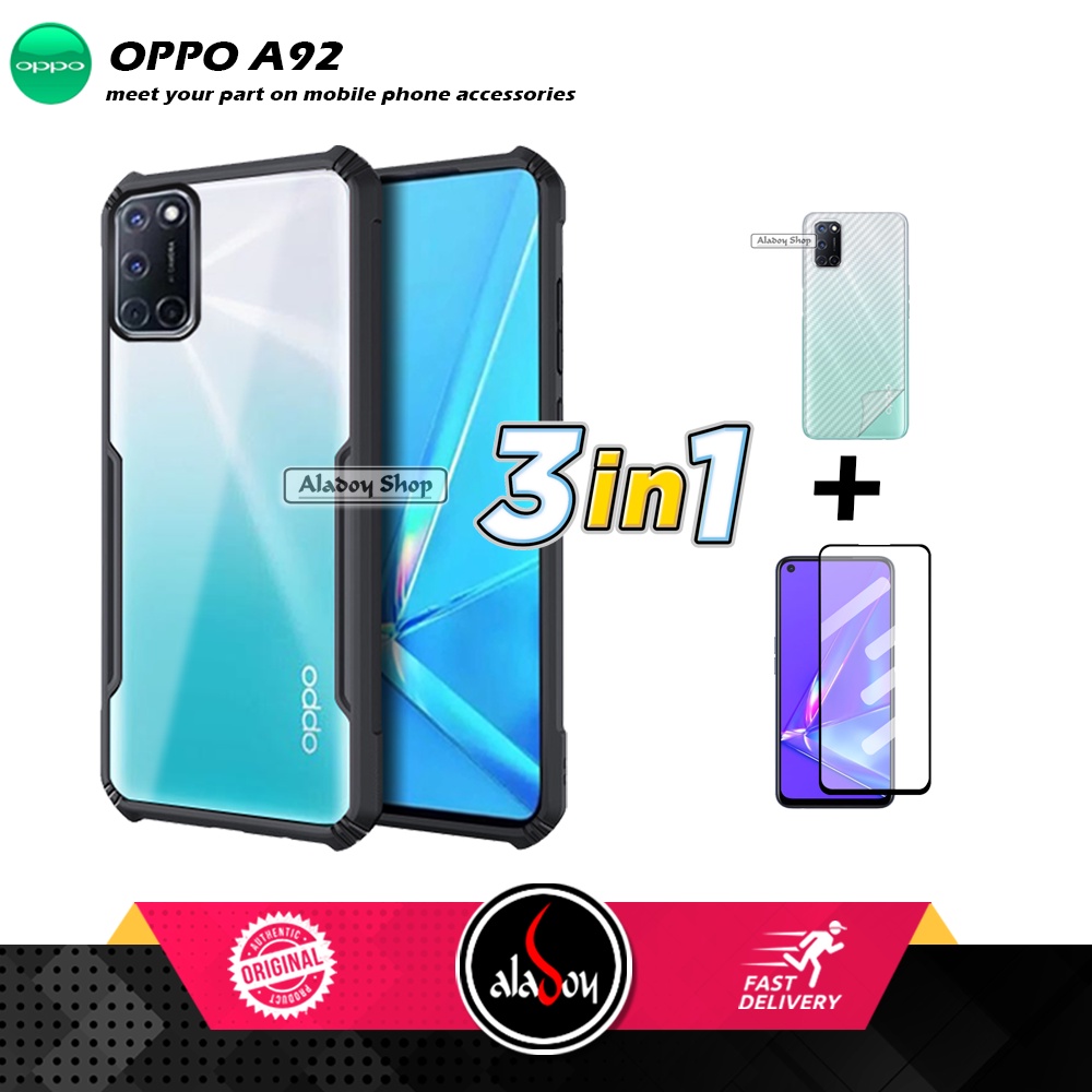 LAYER Oppo A92 Armor Fusion เคสใส + กระจกนิรภัยแบบเต็มหน้าจอและผิวคาร์บอน