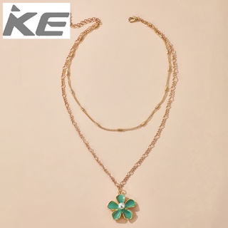 All-match decoration Green dripping leaf flower pearl pendant necklace collarbone chain for gi