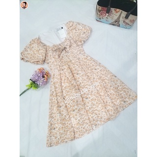 Chaline Dress : S,  XL  เดรสสั้น กระโปรงบาน ขาวดอกส้ม อกผูกโบว์ แขนบอลลูน #เดรสลำลอง #S90 #XL37